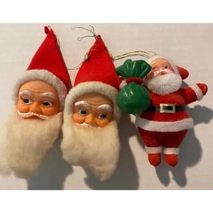 Vintage set (3) Christmas Santa Ornaments 2 soft face long beard 1 flocked